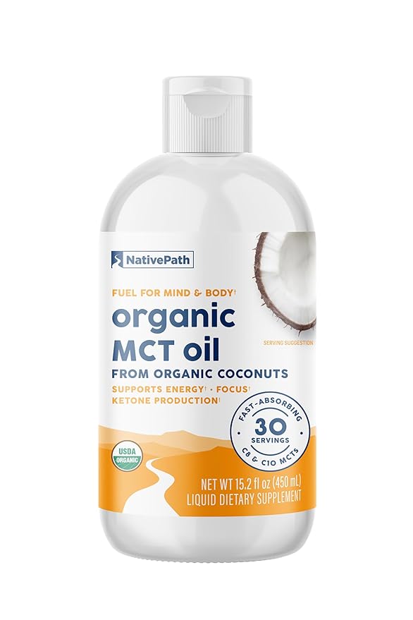 NativePath MCT Oil Liquid - Premium Organic C8 C10 from Coconuts - Caprylic Acid for Keto Coffee - Paleo Vegan Flavorless Non-GMO - 30 Servings