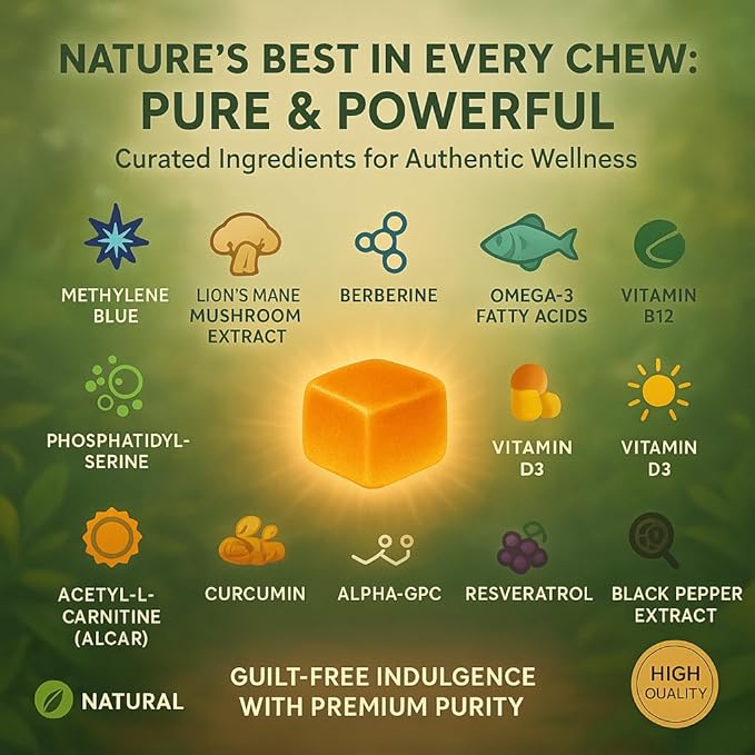 Sugar Free Methylene Blue Gummies Supplement with L-Theanine DIM Myo-Inositol D-Chrio Choline DHA for Mental Clarity Focus Brain Memory Cognitive Support Vitality Performance Neuroprotection