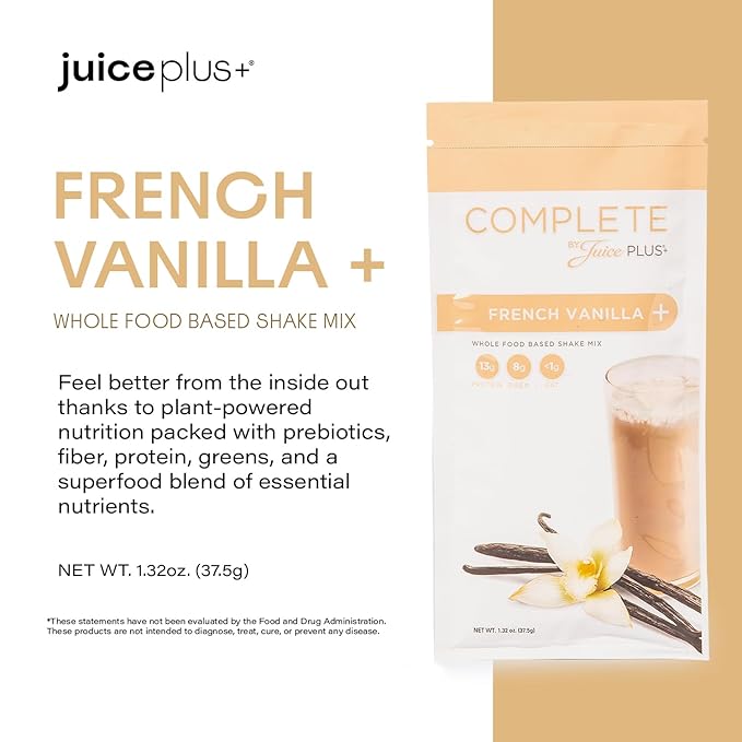Complete by JuicePlus+ Single Serve French Vanilla Shakes - Plant-Based Nutrition - Vegan Gluten-Free Non-GMO Kosher Whole Food Based Shake Powder with Protein Fiber &amp Prebiotics - 15 Serving