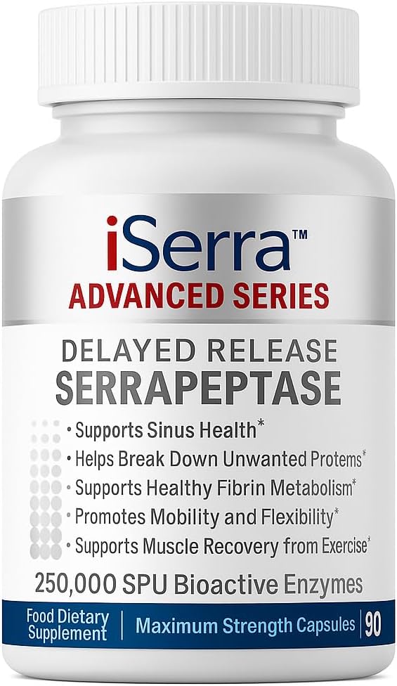 iSerra Advanced Series Serrapeptase 250000 SPU Per Capsule (500000 SPU per 2 Caps) | Maximum Strength 12× Potent Serratiopeptidase | 90 Delayed-Release Vegan Capsules | Ultra-Pure Non-GMO Enzyme