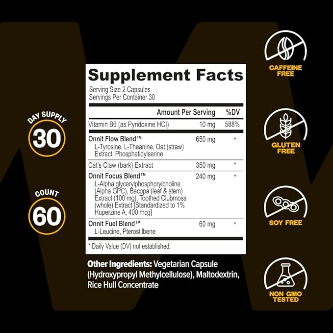 ONNIT Alpha Brain Nootropic Brain Supplement for Focus Memory Mental Clarity Cognitive Support with L-Theanine and Vitamin B6 60 Count Capsules