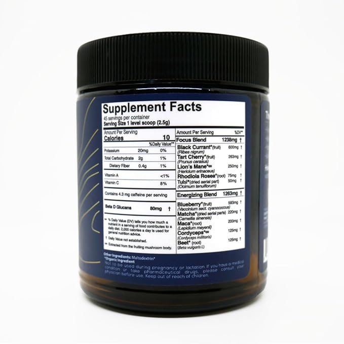 One Farm Energizing Focus Powder Blend - with USDA Organic Blackcurrant Matcha Lions Mane Cordyceps Rhodiola and More in a Resealable Glass Jar. 45 Servings - Tart Berry Flavor