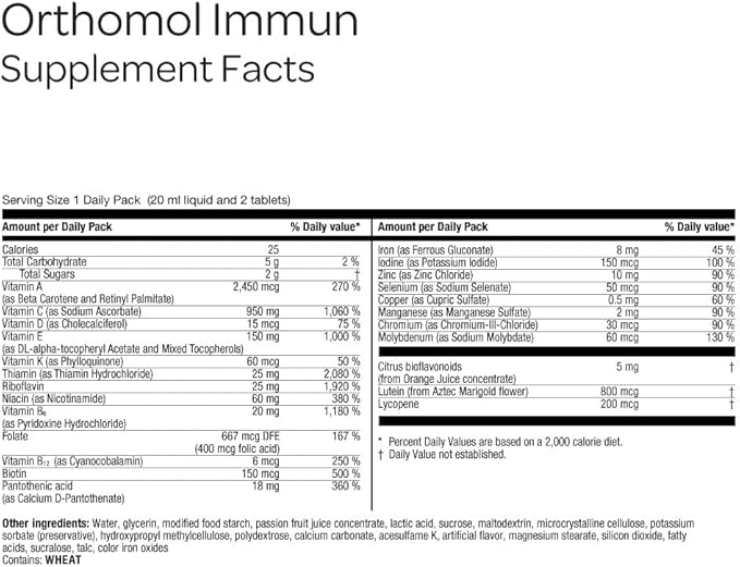 Orthomol Immun Immune Support Vials for Adults with Vitamin C Zinc Selenium Iodine Vitamin D E AB Calcium 25+ Immune Boost Nutrients 1 Serving Per Day for Daily Health (7 Day Supply)