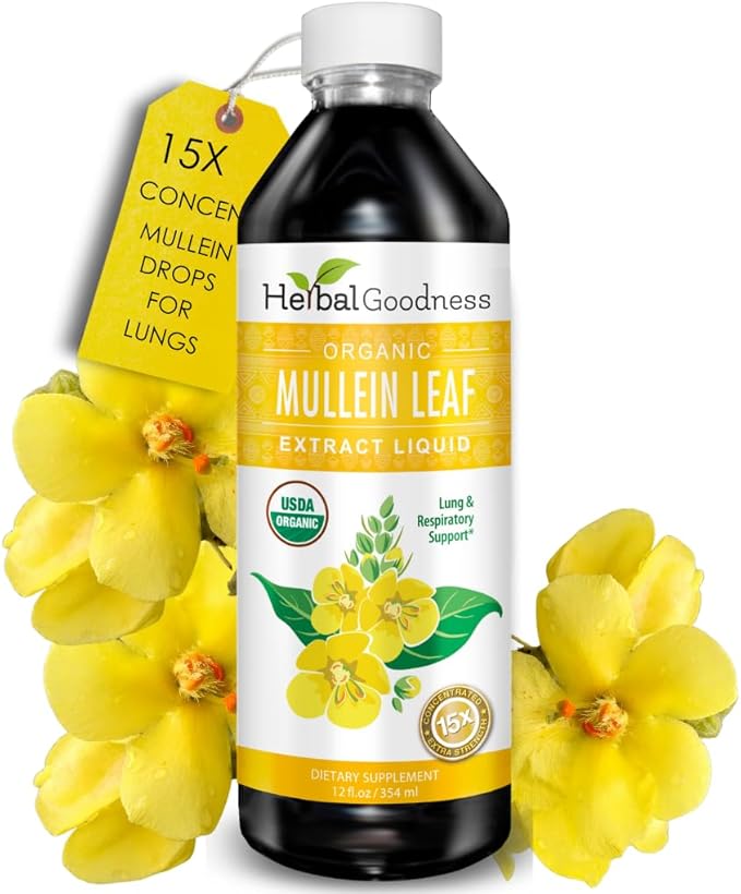 Herbal Goodness Mullein Drops for Lungs - Respiratory Support Mullein Leaf Extract for Lungs Bronchial &amp Lung Detox for Smokers Organic Wild Mullen as Tea Pills Tincture - Made in USA - 12 Fl