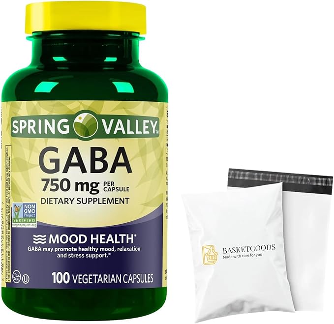 Spring Valley GABA Amino Acid Supplement 750 mg Unflavored 100 Count for Calm Mind Sleep Set by Basket Goods