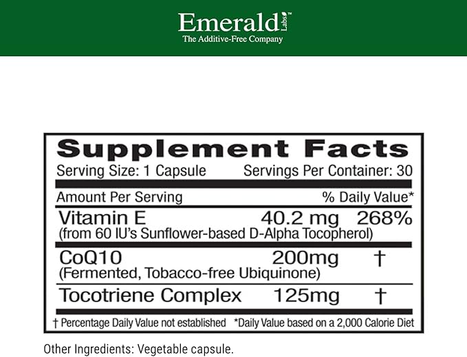 EMERALD LABS CoQ10 200mg - Premium Wellness Supplement with Natural Vitamin E - Supports Antioxidant Circulation Energy &amp Heart Health - 30 Capsules (30-Day Supply)