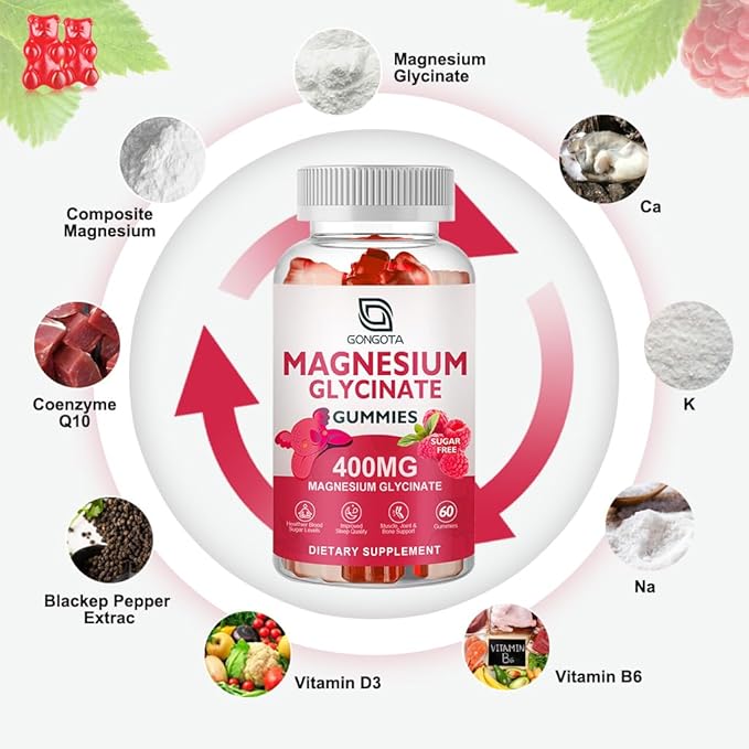 Magnesium Glycinate Gummies 400 mg with 100 mg Composite magnesium - Chelated Magnesium Potassium Supplement with Vitamin D B6 Supports Calm Sleep Memory &amp Muscle CrampsSugar Free - 60 Gummies