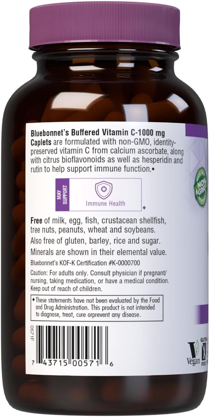 Bluebonnet Nutrition Buffered Vitamin C1000 mg Caplets Buffered Calcium Ascorbate for Immune Health Soy Free Gluten Free NonGMO Kosher Dairy Free Vegan Caplets White Citrus 180 Count