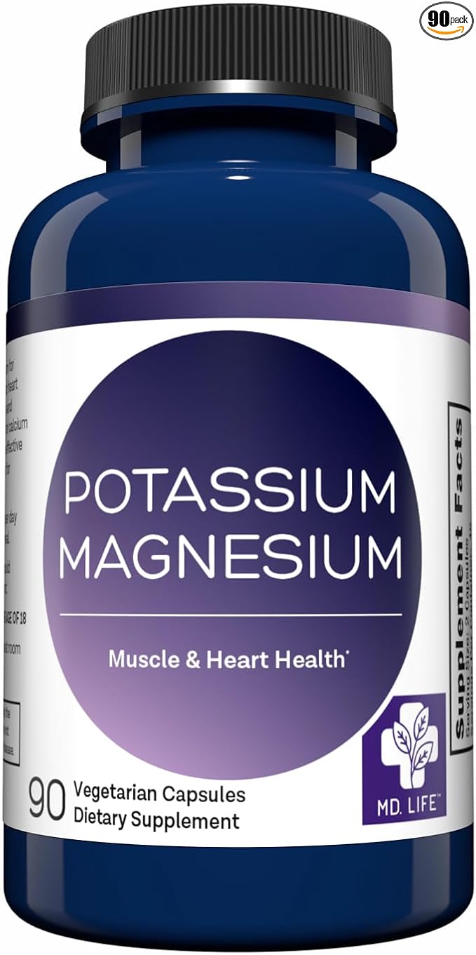 MD. Life Potassium Magnesium Supplement - 90 Capsules - Magnesium Potassium Supplement - High Absorption Complex - Support Vascular Health &amp Leg Cramp