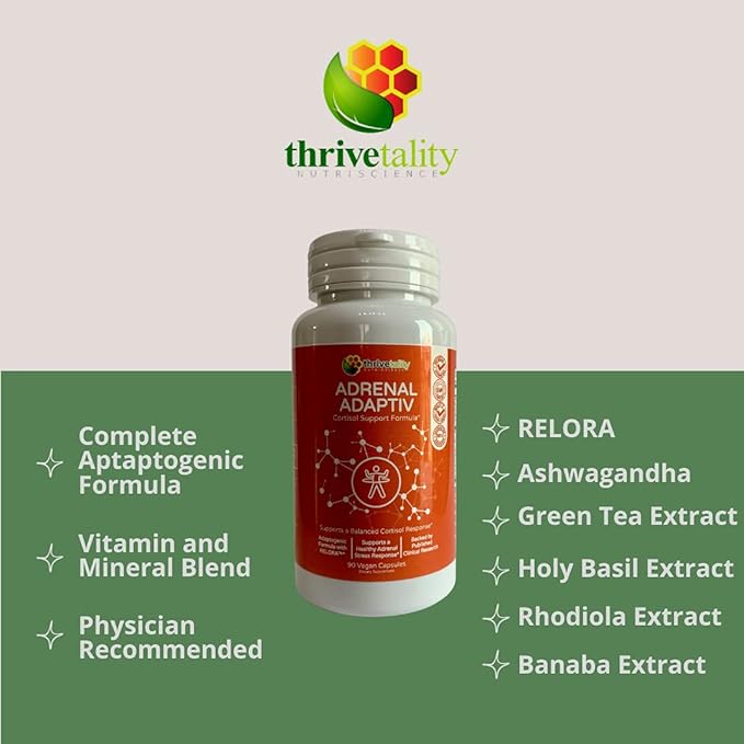 Adrenal ADAPTIV Cortisol Support Formula by Thrivetality | #1 Physician Formulated | Clinically Proven | Adaptogen Blend with RELORA Ashwagandha and Rhodiola