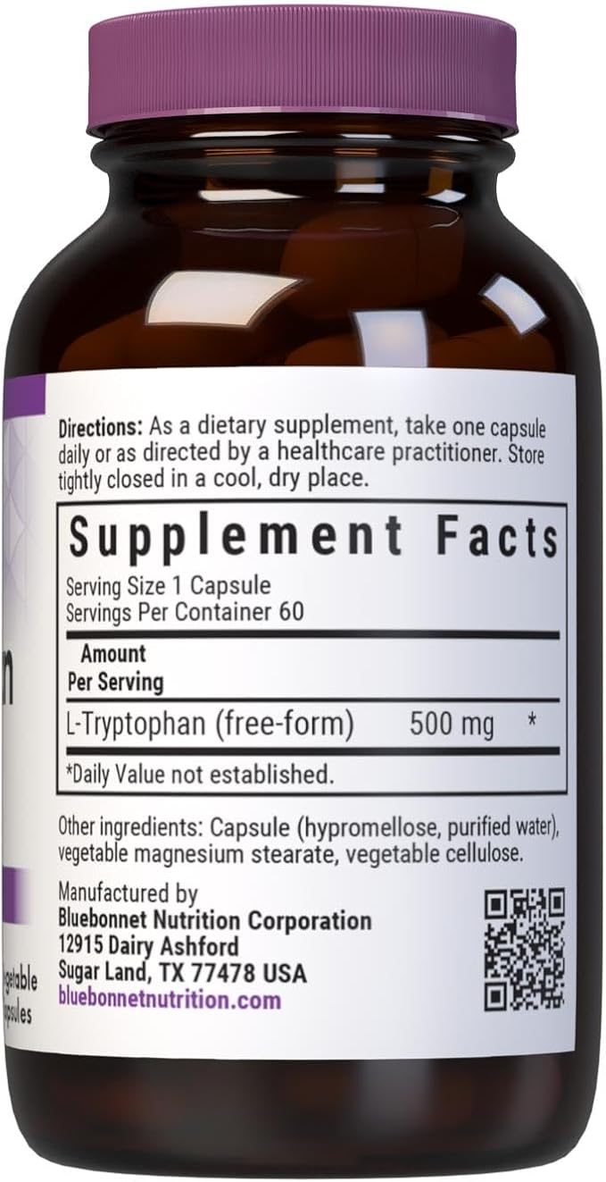Bluebonnet Nutrition L-Trypotophan 500mg for Neurotransmitting Support* Supports Positive Mood* Soy-Free Gluten-Free Non-GMO Kosher Certified Vegan White 60 Vegetable Capsules 60 Servings