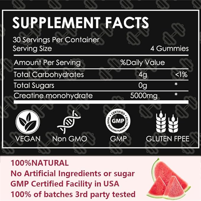 Creatine Monohydrate Gummies 5g for Men &amp Women 120 Count Watermelon Chewables Creatine Monohydrate for Muscle Strength Muscle Builder Energy Boost Pre-Workout Supplement