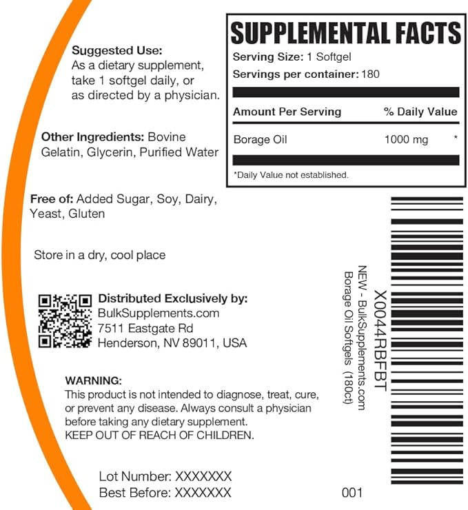 BulkSupplements.com Borage Oil Softgels - Gamma Linolenic Acid Supplement Borage Oil Supplements Borage Oil 1000mg - Gluten Free 1 Softgel per Serving 180 Count (Pack of 1)