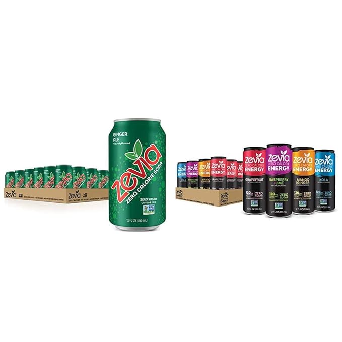 Zevia Zero Calorie Soda Ginger Ale Naturally Sweetened Soda (24) 12 Ounce Cans Ginger-flavored Carbonated Soda &amp Zero Calorie Energy Drink Variety Pack 12 Ounce (Pack of 12) Packaging May Va