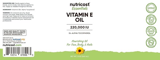 Nutricost Essentials Vitamin E Oil (8 Ounces / 230000 IU) | Vitamin E Oil for Skin Hair and Nails