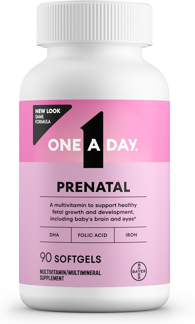 One A Day Prenatal Vitamins- Folic Acid Iron Omega- 3 (DHA) Pregnancy Vitamins for Women Prenatal Multivitamin for Mom and Baby Support Pregnancy Must Haves 90 Ct (Packaging May Vary)
