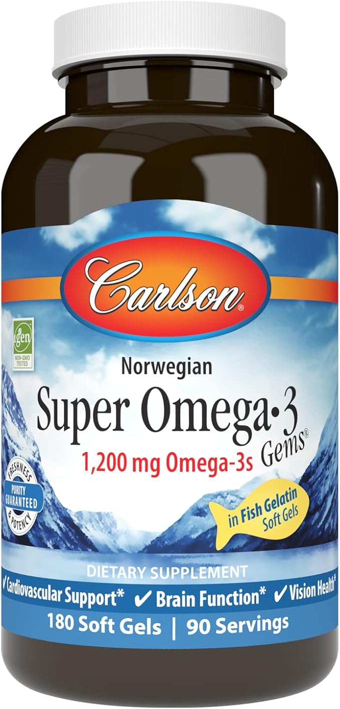 Carlson - Super Omega-3 Gems 1200 mg Omega-3s Cardiovascular Support Brain Function &amp Vision Health Norwegian 180 soft gels