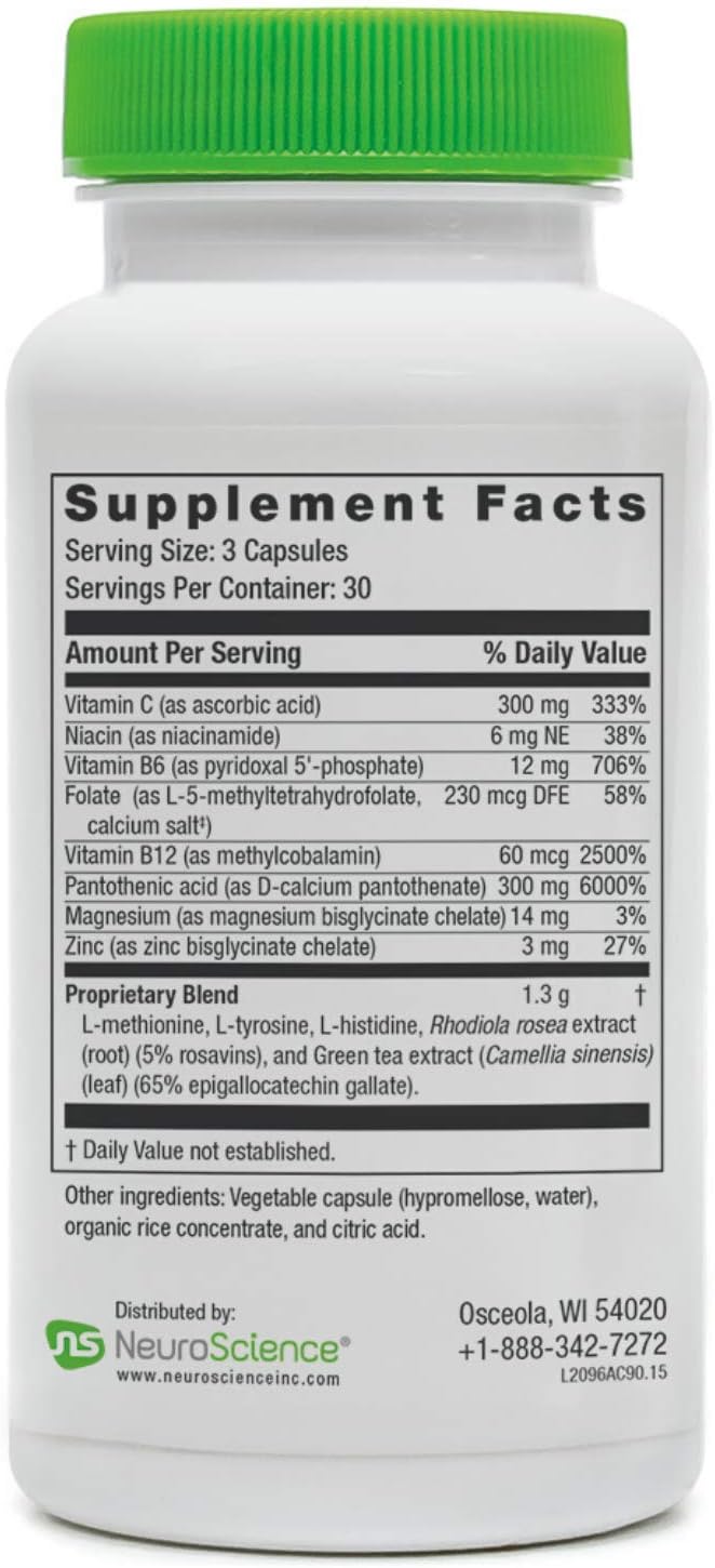 Neuroscience AdreCor - Adrenal Support Supplements with Rhodiola L-Tyrosine B Vitamins &amp Magnesium - Cortisol Detox for Women &amp Men for Stress Fatigue and Energy Support (90 ct)