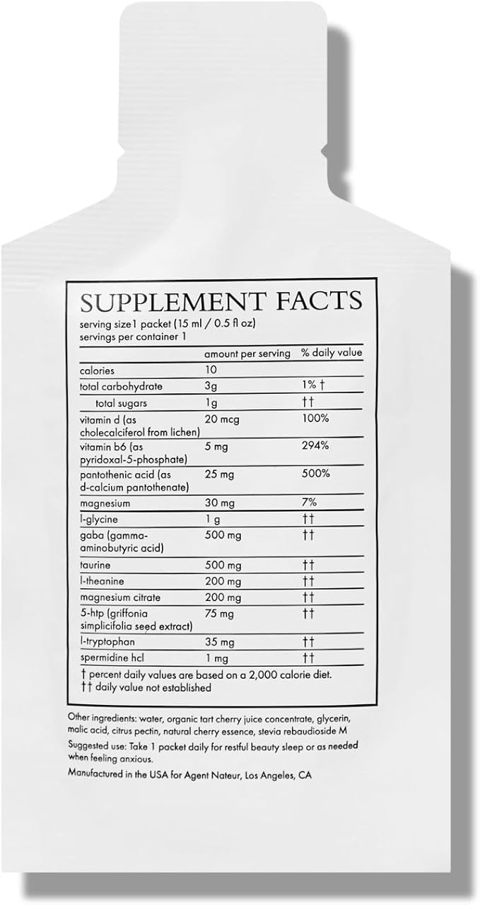 Agent Nateur - Calm (Beauty) Spermidine + Taurine Daily Supplement | Non-Drowsy Melatonin-Free Liquid Formula | GABA L-Theanine Magnesium Citrate | Clean Ingredients Made in USA (24x15ml sachets)