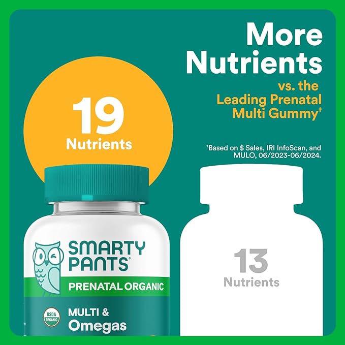 SmartyPants Organic Prenatal Vitamins for Women Multivitamin Gummies: Biotin Methylfolate Omega 3 (ALA) Vitamin D3 C Vitamin B12 B6 A K2 &amp Zinc Choline Vegetarian 120 Count (30 Day Sup