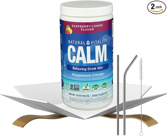 Natural Vitality Calm Magnesium Powder — Vitamin Calm Raspberry Lemon (16oz) Bundle with Straw for Relaxing Magnesium Drink and Daily Hydration Support — Gift Set (2 Items)