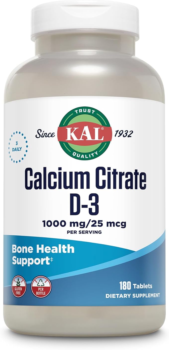 KAL Calcium Citrate Supplement with Vitamin D3 - 1000 IU Vitamin D3 Healthy Bone &amp Muscle Function Support for Men and Women Quick Dissolving Tablets - 180 Count Tablets