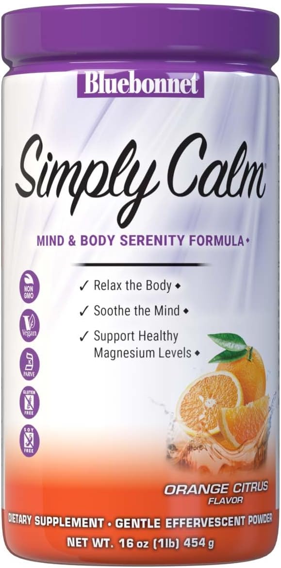 Bluebonnet Nutrition Simply Calm Powder For Calm* Muscle Cramps* Stress Relief* Soy-Free Gluten-Free Non-GMO Kosher Certified Dairy-Free Vegan 16 oz 82 Servings Orange Citrus Flavor