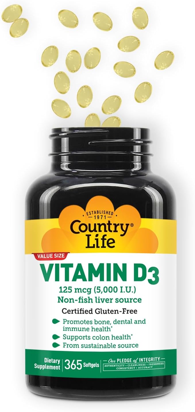 Country Life Vitamin D3 5000 IU – High Potency Non-Fish Source Supports Bone Health Immune Function &amp Calcium Absorption – 365 Softgels Certified Gluten-Free Long-Term Supply