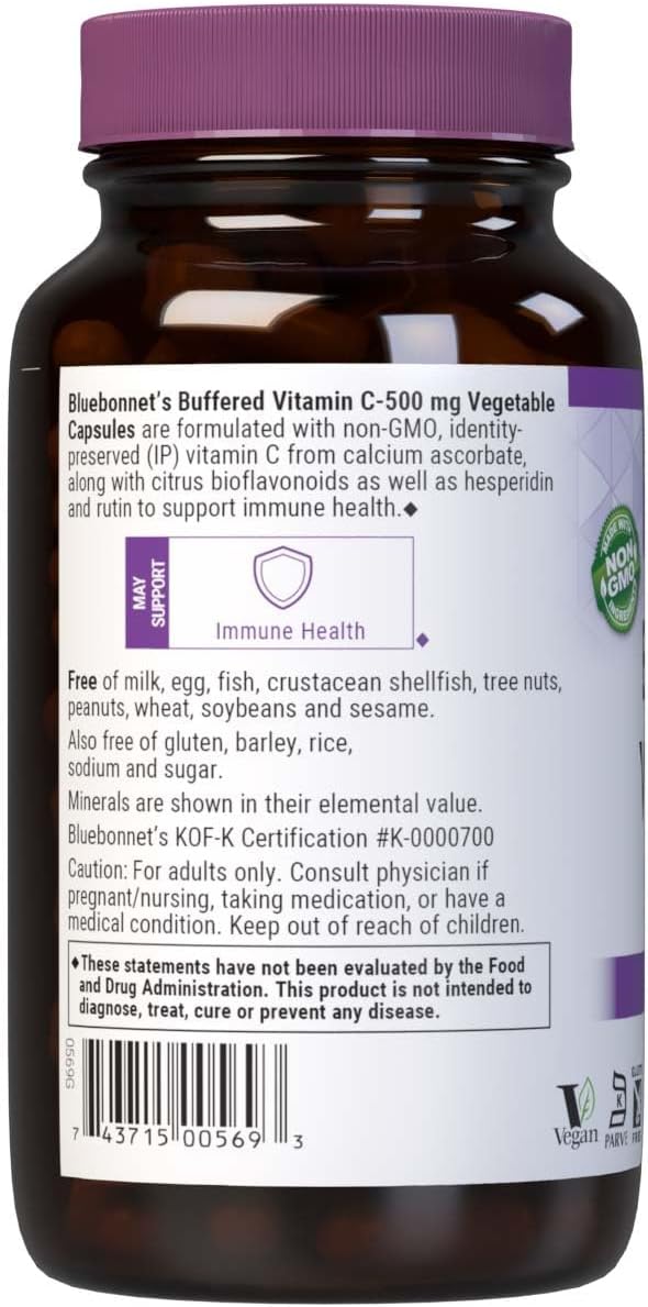 BlueBonnet Nutrition Buffered Vitamin C-500 mg Vegetable Capsules Buffered Calcium Ascorbate For Immune Health Soy Free Gluten Free Non-GMO Kosher Dairy Free Vegan 180 Vegetable Capsules ('74