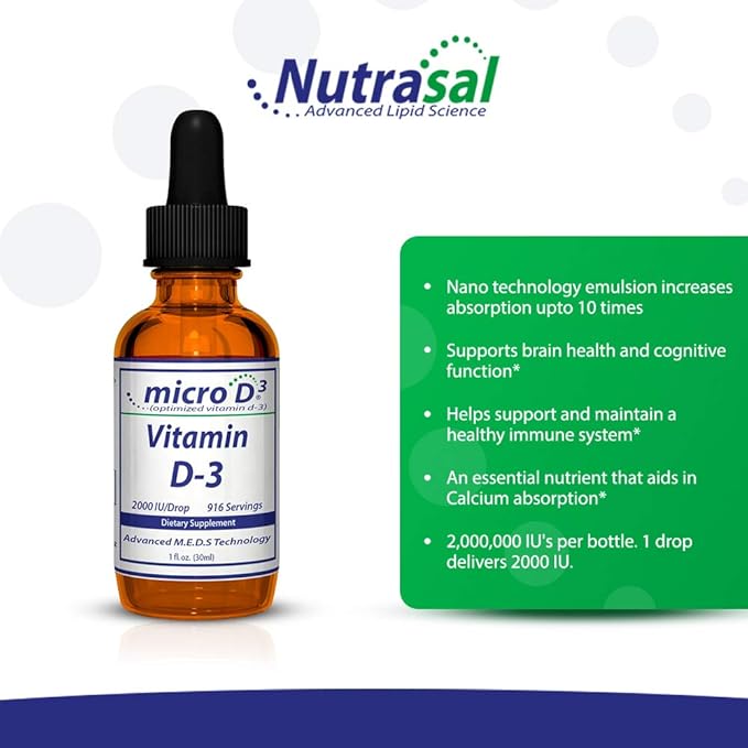 Nutrasal Micro D3 Vitamin D-3 Drops - High Concentrate (2 Million IU's) Vitamin D3 with Nano Technology and Up to 10X More Absorption -1 oz (30 ml)