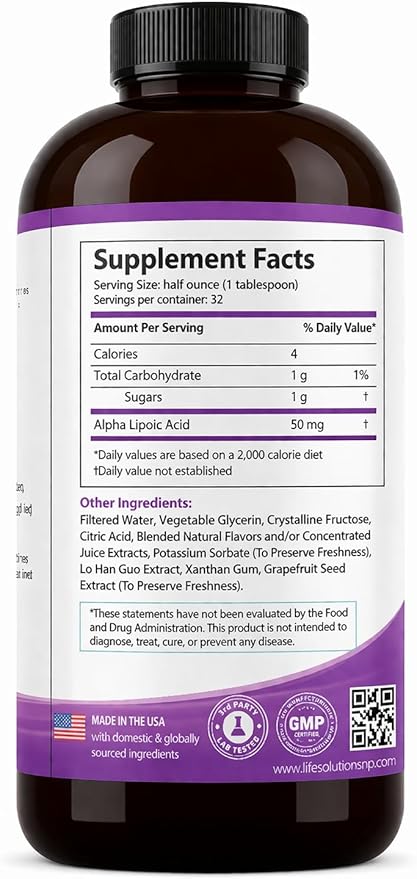 Life Solutions Liquid Alpha Lipoic Acid Supplement 50 mg – Antioxidant Support for Nervous System Function &amp Cellular Energy Metabolism – Easy-to-Take Liquid – 16 oz Bottle