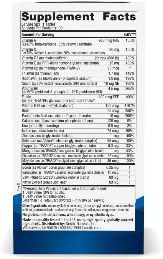 Nordic Naturals Men’s Multivitamin One Daily - Bone Energy &amp Blood-Vessel Support - Immunity Supplement - 20 Essential Nutrients - 30 Tablets - 30 Servings