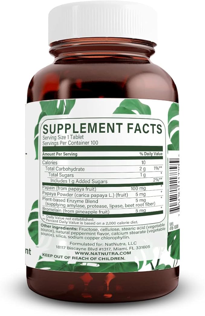 Natural Nutra Chewable Peppermint Digestive Enzyme Supplement Help to Relieve Gas Indigestion and Other Digestive discomforts Stomach Calmness Papaya (Papain) Vegan and Vegetarian 100 Tablets