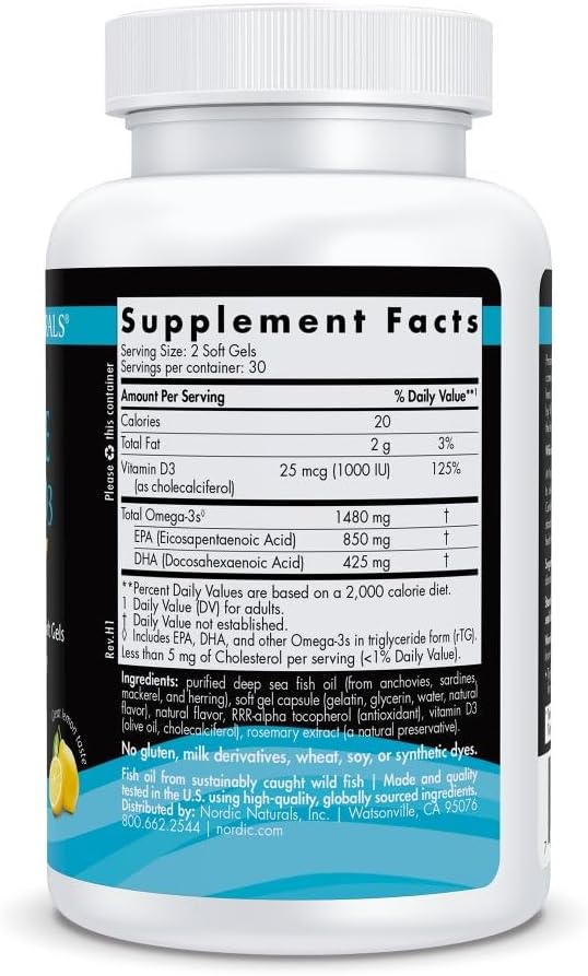 Nordic Naturals Ultimate Omega-D3 Sport Lemon - 60 Soft Gels - 1480 mg Omega-3 + 1000 IU Vitamin D3 - NSF Certified - Supports Muscle Bones Focus &amp Endurance - 30 Servings