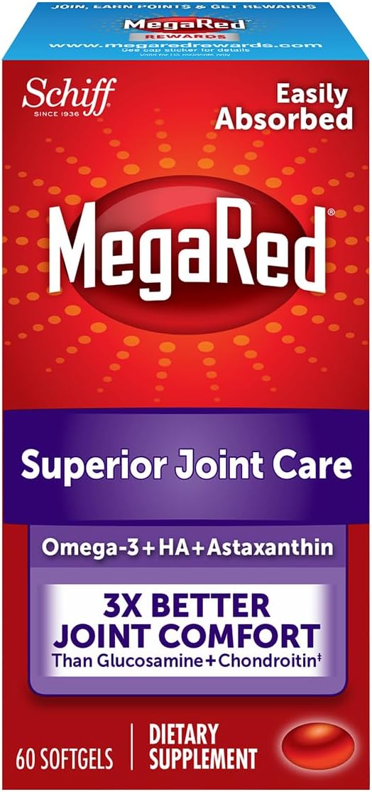 Omega-3 Krill Oil and Joint Supplement - Megared Joint Care 60 softgels - EPA/DHA fatty acids Antioxidants Hyaluronic acid No fishy burp aftertaste as with Fish Oil