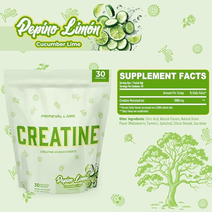 Primeval Labs Clean Creatine Monohydrate Powder | Flavored Powder for Muscle Strength &amp Recovery | Latin Aqua Fresca Flavors | Workout Supplement for Men &amp Women | 30 Servings | Pepino Limon