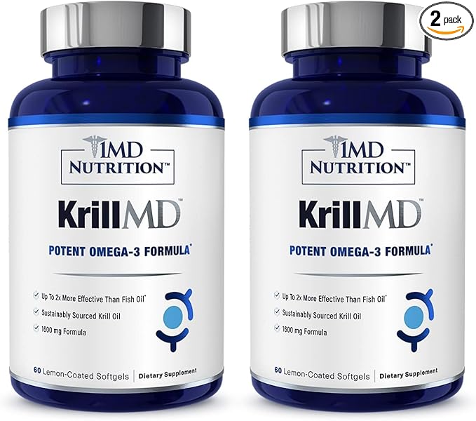 1MD Nutrition KrillMD - Antarctic Krill Oil Omega 3 Supplement with Astaxanthin EPA DHA | 2X More Effective Than Fish Oil | 60 Softgels (2-Pack)