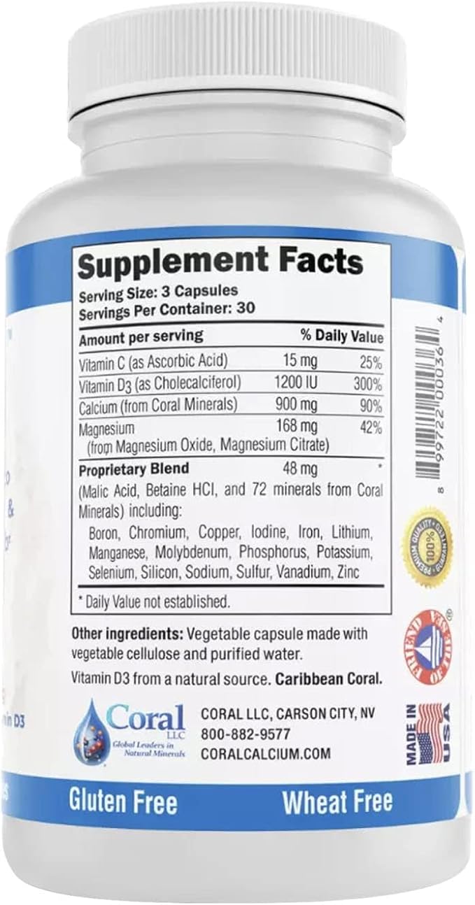 Coral Complex 3 Calcium Supplement Vitamin D3 &amp Magnesium – 900 mg Bioavailable Coral Calcium for Bone Strength Joint Support &amp pH Balance – Trace Minerals Non-GMO 300 Veg Capsules