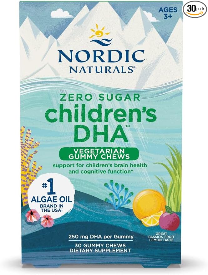 Nordic Naturals Zero Sugar Children’s DHA Vegetarian Gummy Chews - Passion Fruit Lemon Flavor - 30 Gummies - Vegan Algae Oil Omega-3 Supplement for Kids Brain &amp Cognition Support - 30 Servings
