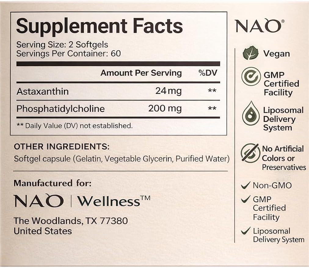 NAO Liposomal Astaxanthin 24mg Supplement – 120 Softgels – with Phosphatidylcholine for Absorption – Supports Skin HealthAnti-Age Visual Performance &amp Cellular Health – Non-GMO