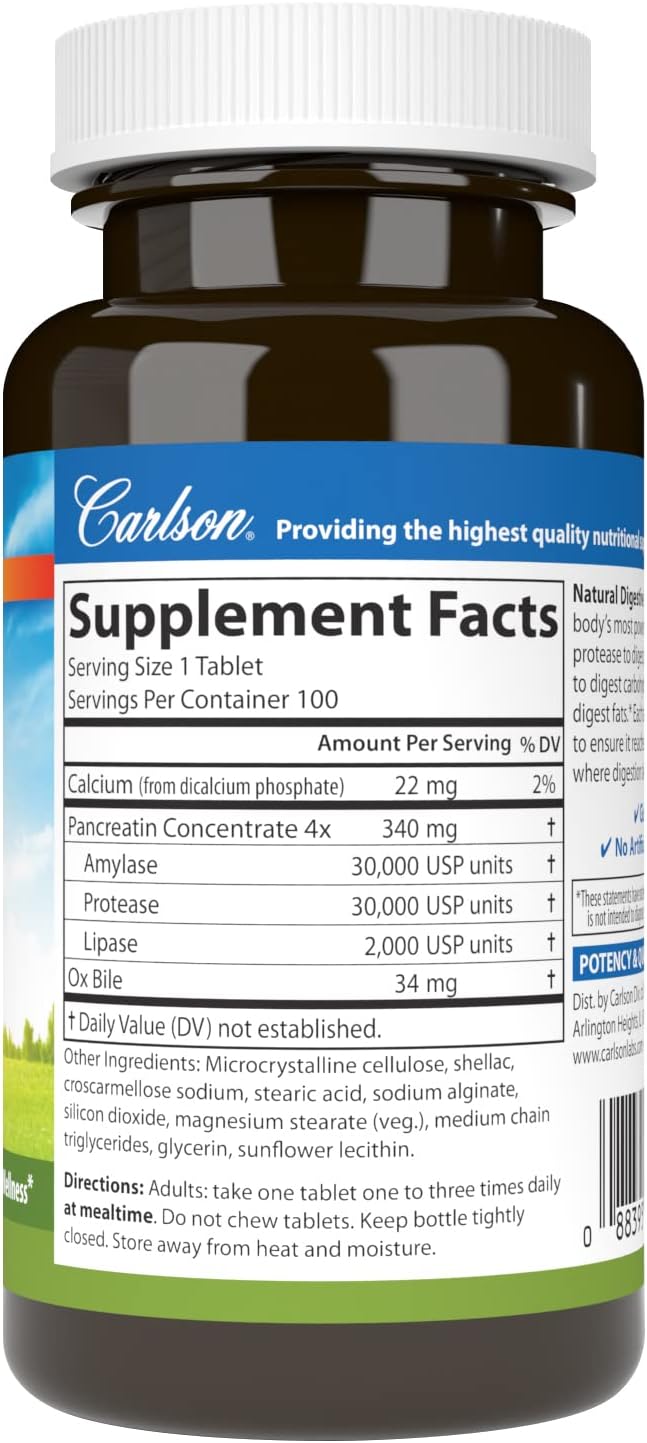 Carlson - Natural Digestive Enzymes Digestive Aid #34 with Protease Amylase &amp Lipase Digestive Support Nutrient Absorption &amp Optimal Wellness 100 Tablets