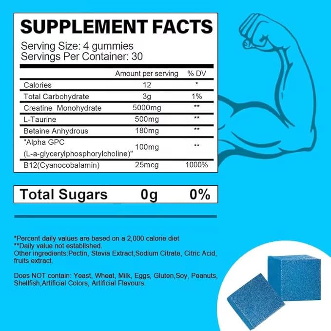 Creatine Monohydrate Gummies Blueberry Flavor Creatine Gummy with 5000mg per Serving 120 Count Vegan Dietary Supplement for Muscle Growth Strength Endurance
