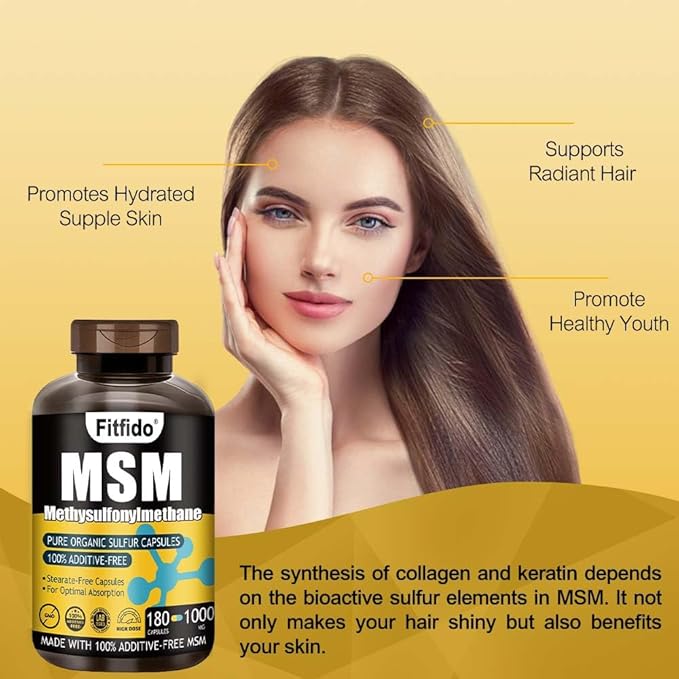 MSM Capsules 1000mg - Organic Sulfur Supplement for Joint Health Functional Wellness Hair Skin &amp Nails Non-GMO Gluten Free 180 Capsules