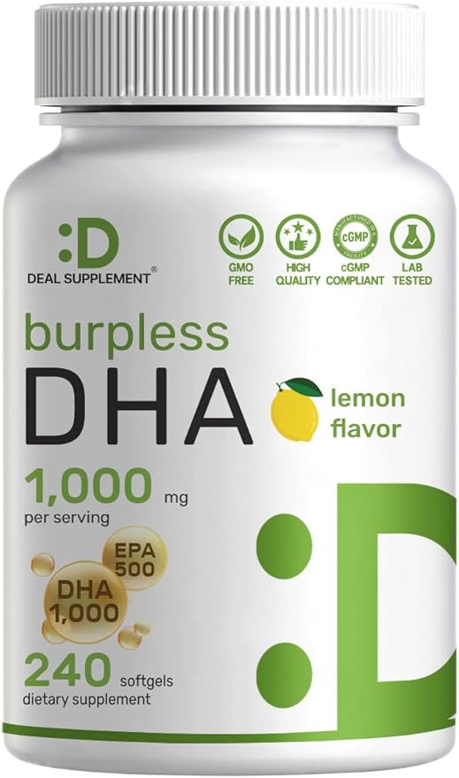 DHA Supplements | 240 Softgels Burpless Lemon Flavor DHA 1000mg + EPA 500mg Wild Caught Fish Rich in Omega-3s Mercury Free Non-GMO Support Brain Heart &amp Joint Health