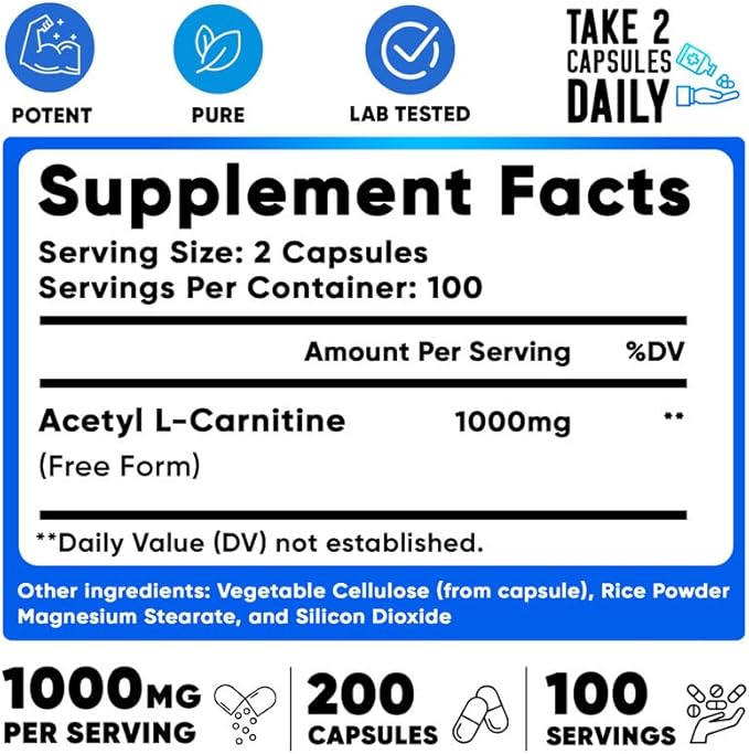 We Like Vitamins Acetyl L-Carnitine 1000mg Capsules - 200 Easy to Swallow Veggie Capsules - Acetyl l Carnitine Supplement Helps Support Focus Brain Function and Energy