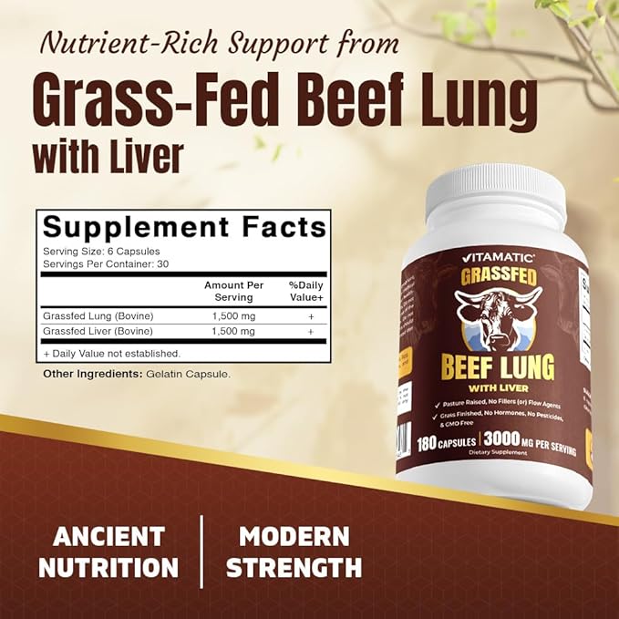 Vitamatic Grass-Fed Beef Lung with Liver 180 Capsules – Freeze-Dried Non-GMO Bovine Liver Supplement – Pasture-Raised Glandular-Based Formula
