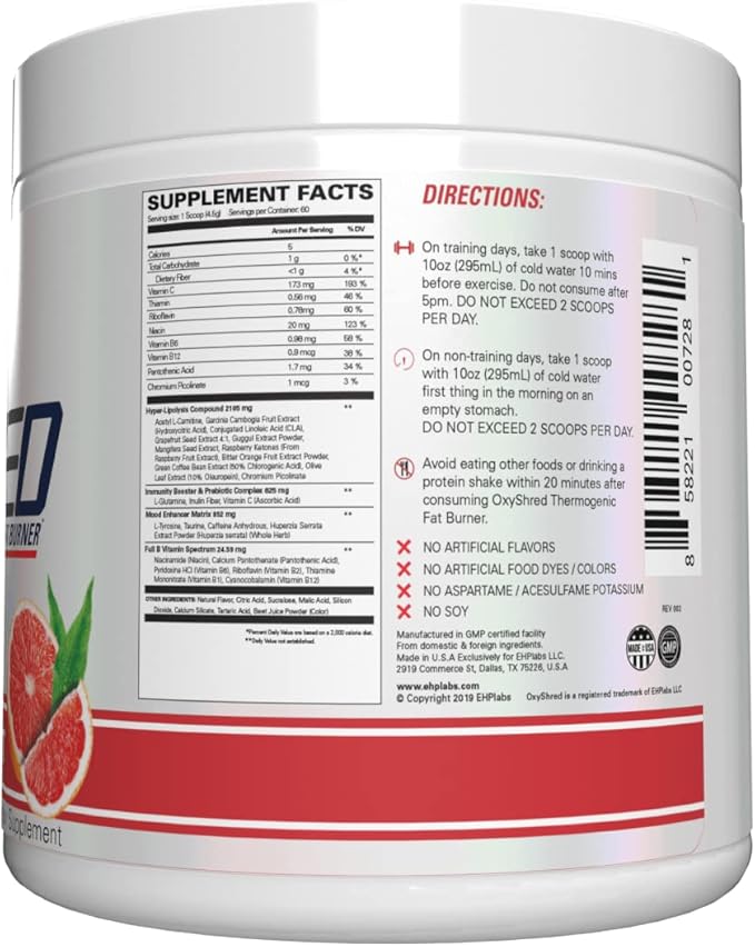 EHP Labs OxyShred Pre Workout Powder - Preworkout Powder with L Glutamine &amp Acetyl L Carnitine Energy Boost Drink - Pink Grapefruit 60 Servings