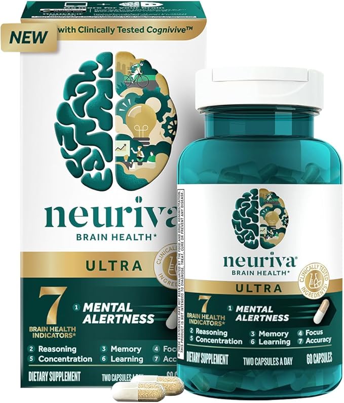 NEURIVA Ultra Decaf Clinically Tested Nootropic Brain Supplement for Mental Alertness Memory Focus &amp Concentration Cognivive Neurofactor Phosphatidylserine Vitamin B6 B12 60 Caps (2 Pack)