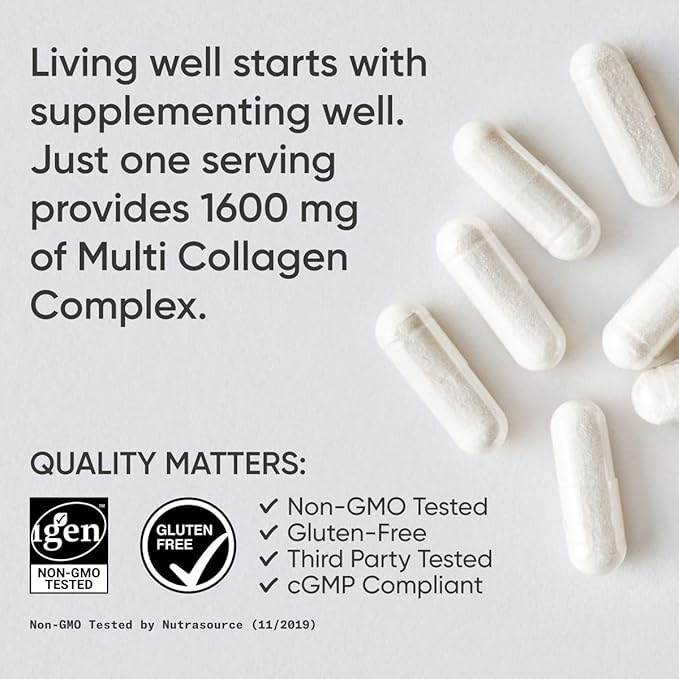 Sports Research® Multi Collagen Pills for Women &amp Men - Collagen Peptides (Type I II III V X) Enhanced with Hyaluronic Acid &amp Vitamin C - Gluten Free ­· Non-GMO - 90 Capsules