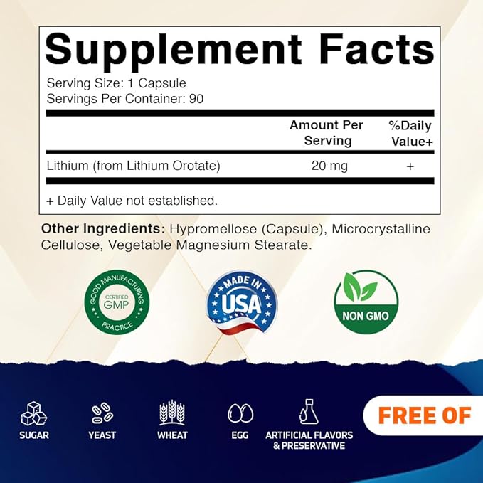 Vitamatic Lithium Orotate 20mg 90 Capsules - Veggie Caps Non-GMO Gluten Free- 2 Pack